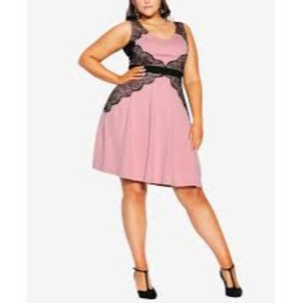 City Chic XXL/24 Pink & Black Lace Fit & Flare Sleeveless Dress